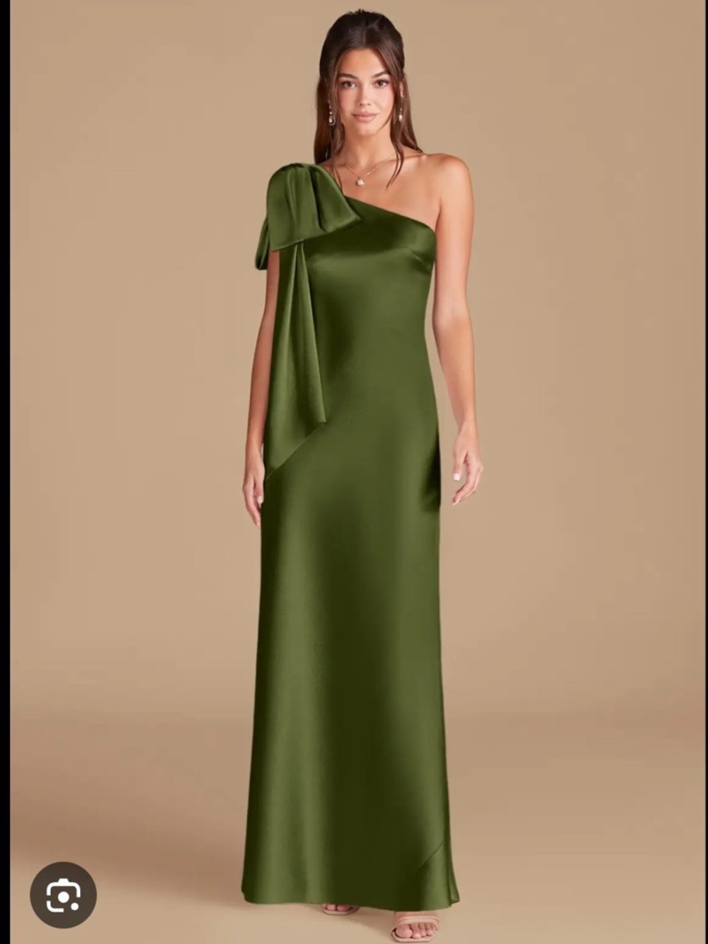Azazie Olive One-Shoulder Satin metallic Gown with Shoulder Bow Detail